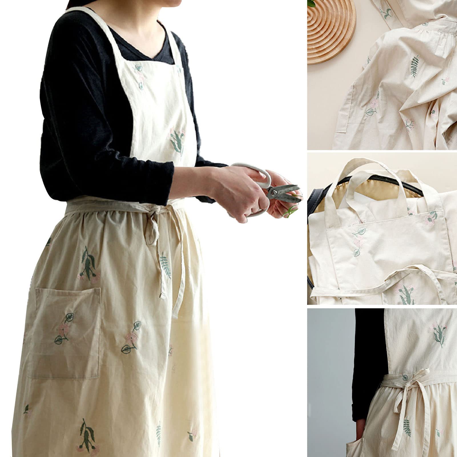 Mumusuki Cross Back Aprons for Women, Japanese Cotton Apron with Pockets Cooking Apron for Home Kitchen Coffee Shop (Cream)