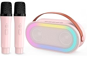 VeGue Mini Karaoke Machine for Kids with 2 Wireless Microphone, Portable Bluetooth Speaker with Stereo Sound Bass for Adults with LED Lights for Girl &Boy Age 4-12, Home Party and Gifts (Pink)