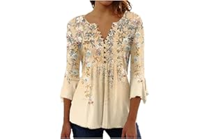 XUBOWAY Womens tops 2024 plus size trendy 3/4 Bell Sleeve Button v Neck Tshirt Boho Floral Print Casual Blouse going out tops