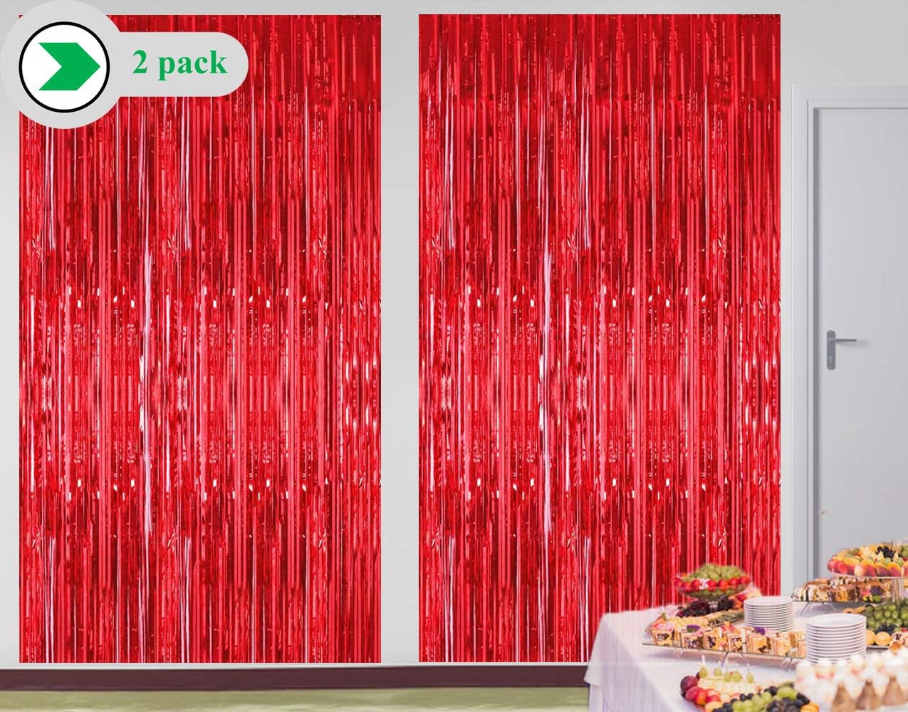 DANIRZE Metallic 3 ft. x 8 ft. Tinsel Foil Fringe Curtains Red for Party Wedding Decoration (2-Pack, Red)