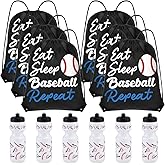 Reallnaive 12 Pcs Baseball Party Favors Gifts, 24 oz Baseball Water Bottles Reusable Sport Squeeze Drinking Cup, Eat Sleep Drawstring Bag Sport Pack Cinch Sack for School Team Gift Event Accessories