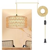Resacho 13" Gold Plug in Pendant Light, Boho Rattan Farmhouse Hanging Lamp | Rotary Dimmer Switch, 15FT Cord, Fabric & Rattan