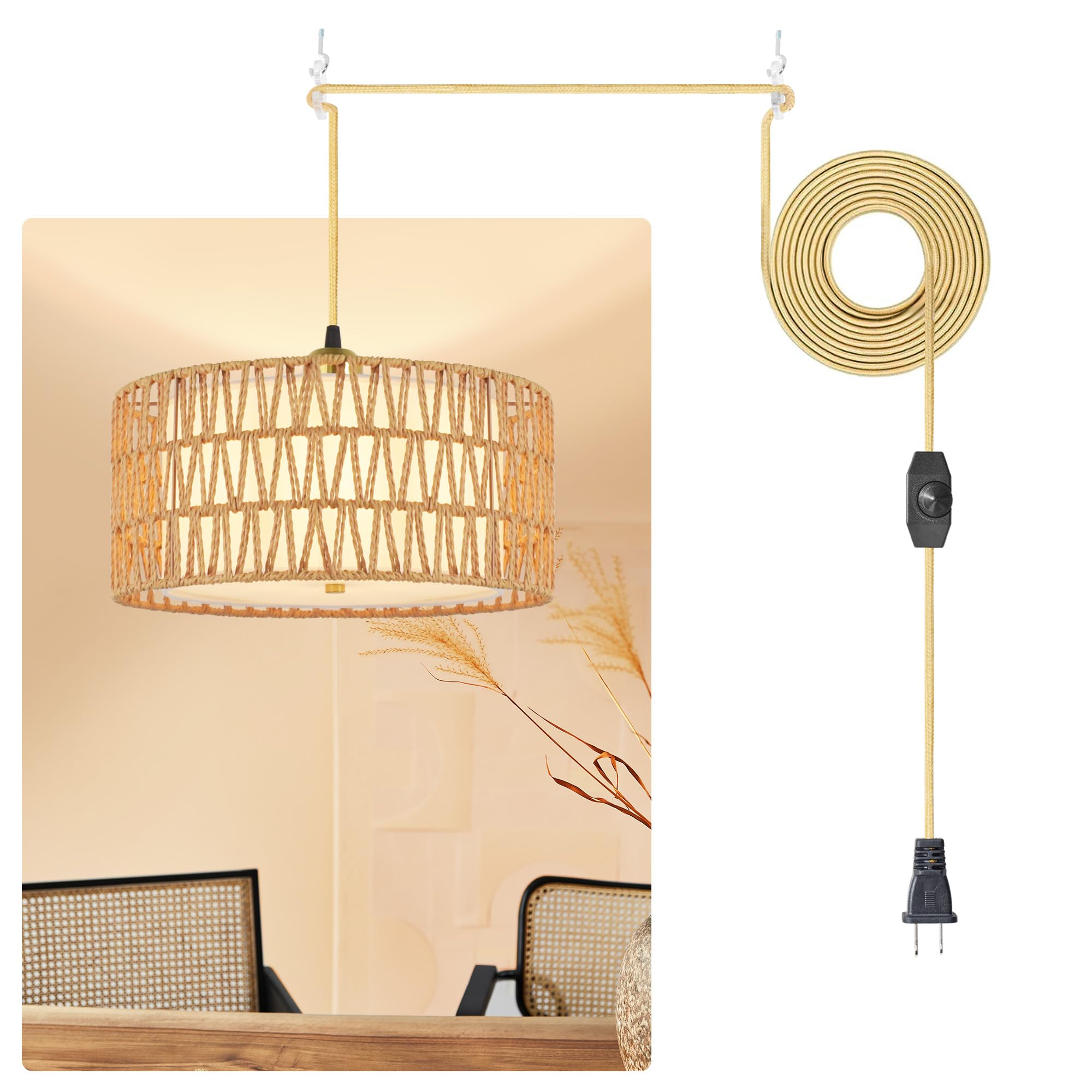 Photo 1 of 13'' Gold Plug in Pendant Light, Boho Dimmable Hanging Lamp with Rotary Dimmer Switch & 15ft Cord, Rattan & Fabric 2-in-1 Shade, Farmhouse Pendant Lights Kitchen Island Living Room Bedroom, ETL Listed