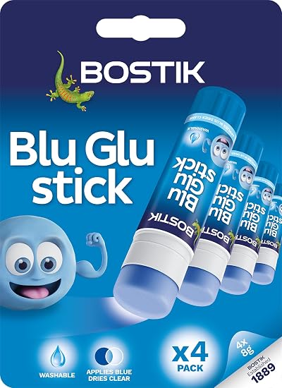 Bostik Blu Stick Glue Sticks 4 x 8g Goes on Blue Dries Clear