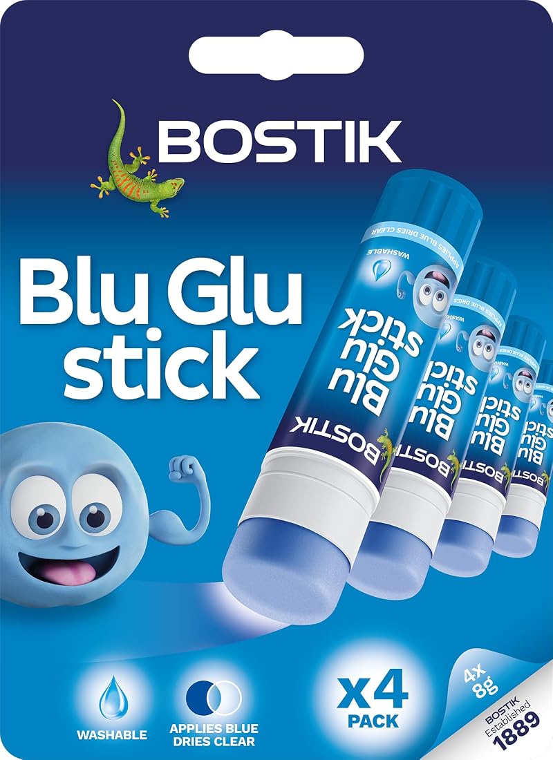 Bostik Blu Stick Glue Sticks 4 x 8g Goes on Blue Dries Clear
