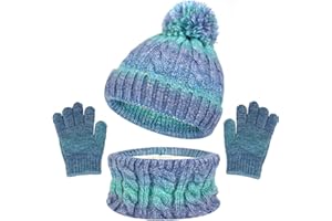 Kids Hat Scarf Gloves Set – 3-in-1 Winter Knitted Hat Scarf and Gloves Set for Kids with Pom Pom Beanie