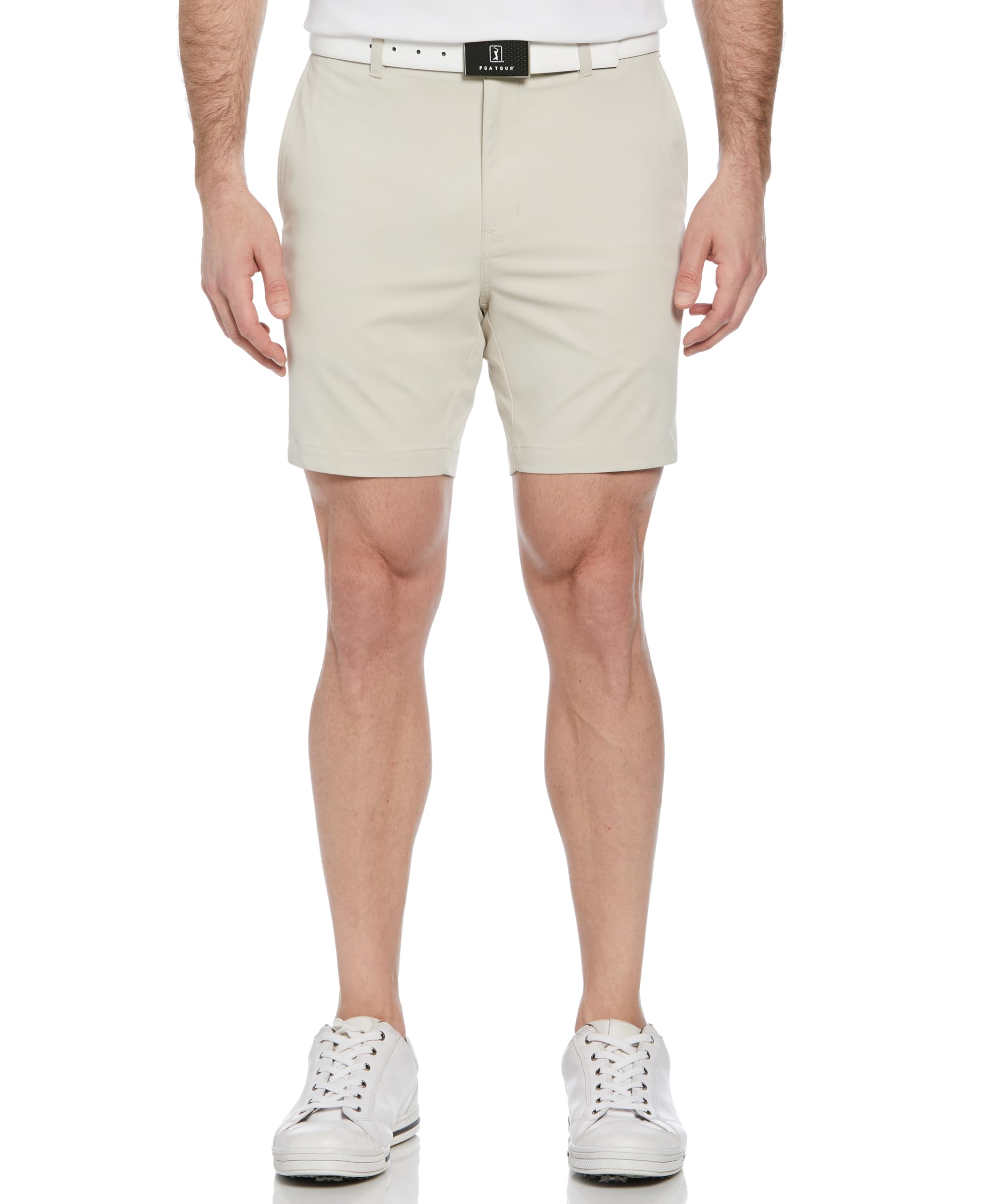 PGA TOUR Men's 7” Flat Front Performance Stretch Golf Shorts with Active Waistband, Sand Image PGA TOUR Men's 7” Flat Front Performance Stretch Golf Shorts with Active Waistband, Sand Image