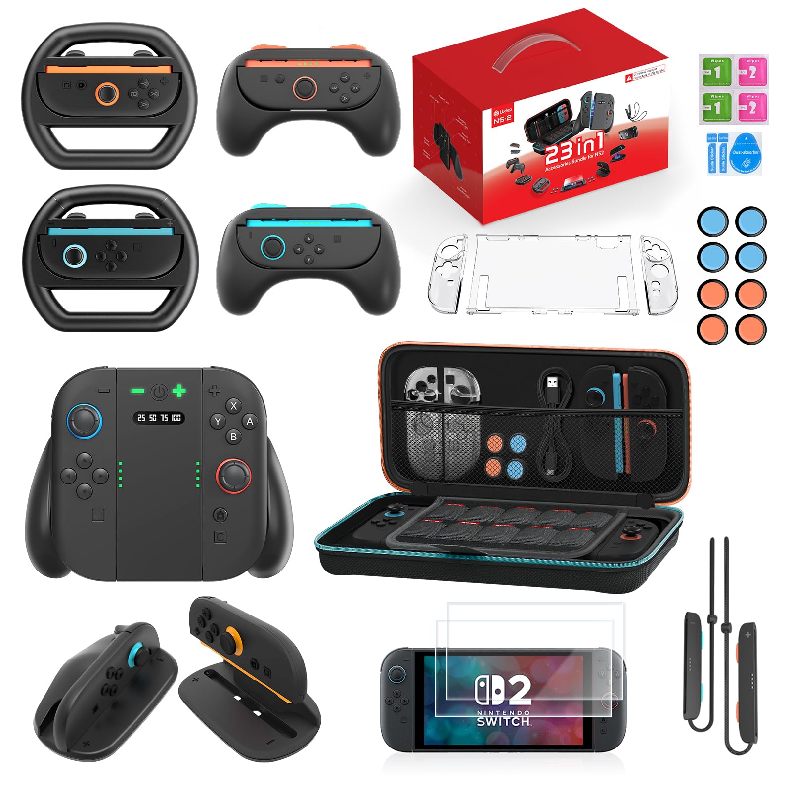 Uxilep 23 IN 1 Switch 2 Accessories Bundle for Nintendo Switch 2 (2025): Carrying Case,Joycons 2 Charging Grip,HD Screen Protector,Grips for Joycons Controller,FPS Mouse Grip,Steering Wheel for Mario Kart