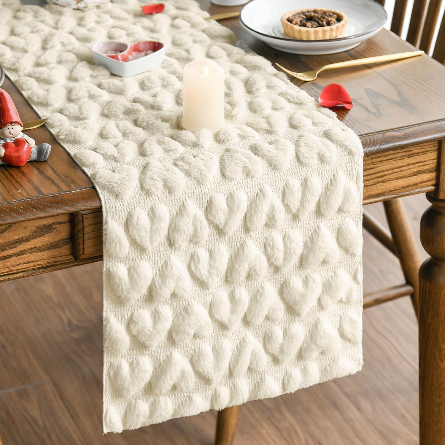 Photo 1 of Artoid Mode Beige Soft Plush Faux Fur Jacquard Heart Valentine's Day Table Runner, Seasonal Kitchen Dining Table Decoration for Home Party Decor 13x36 Inch