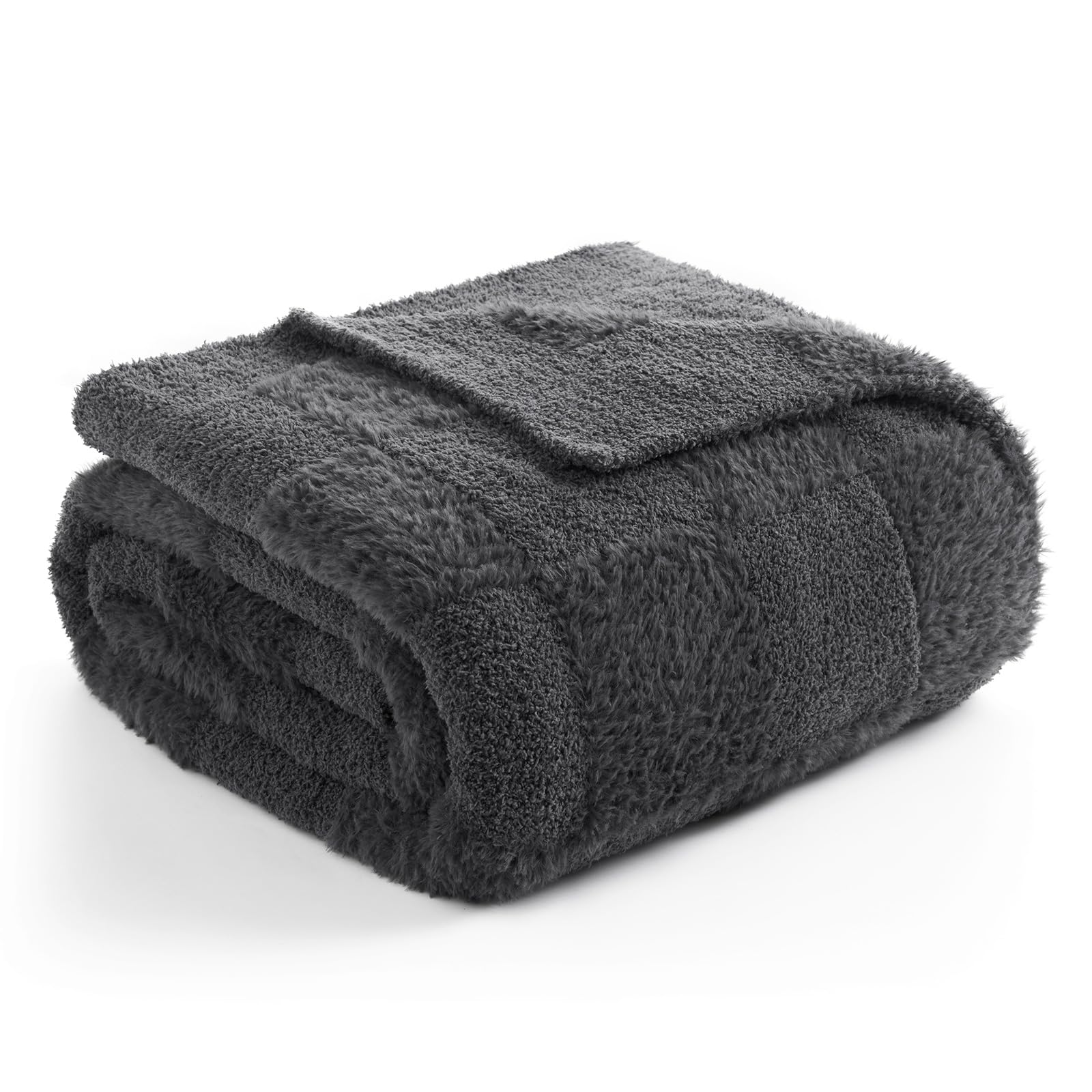 Snuggle Sac Faux Fur Checkered Blanket Twin Size with Soft Knitted Microfiber Fabric,Cozy Soft Warm Blanket for Sofa Bedroom Living Room,Solid Dark Grey,60x80 inches Image