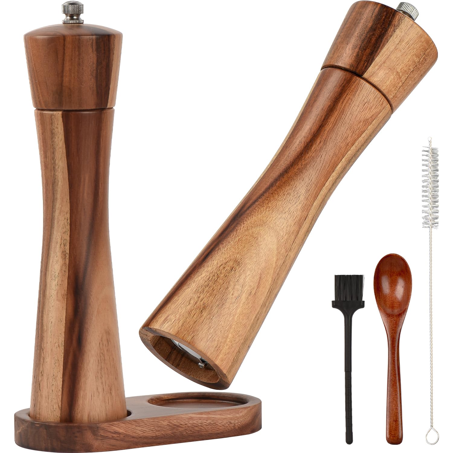 12.5 inch Wood Salt and Pepper Grinder Set, JOYCEMALL Set of 6 Manual Salt and Pepper Grinder with Ceramic Grinding Rotor - Pepper and Salt Mill, Wooden Standing Tray, 2 Cleaning Brushes, Spoon