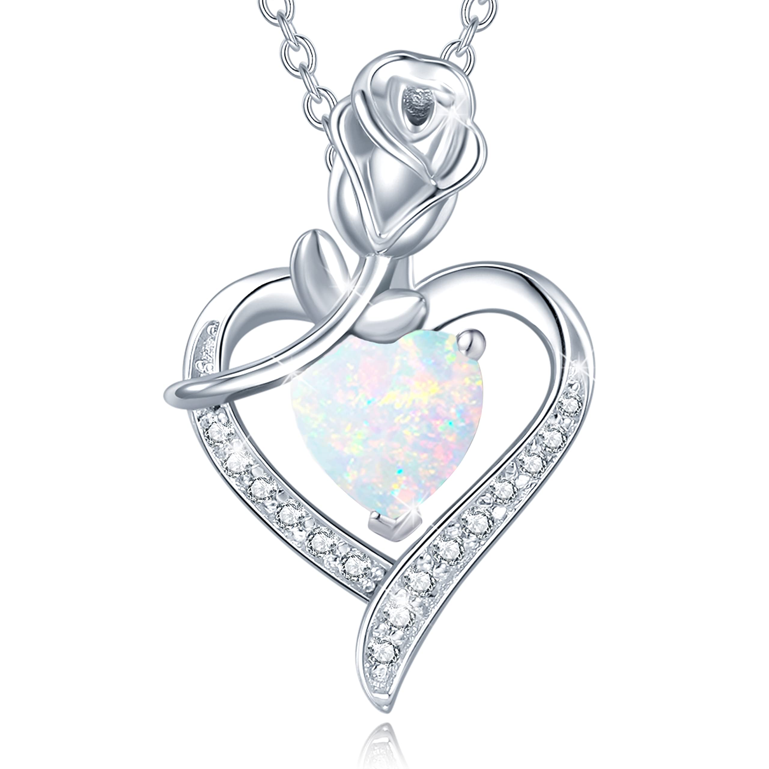 FANCIME 925 Sterling Silver October Birthstone Necklace Rose Heart Pendant Opal Necklace with Fine Jewellery Box Christmas Birthday Valentine's Day Mother's Day Present for Women Mother