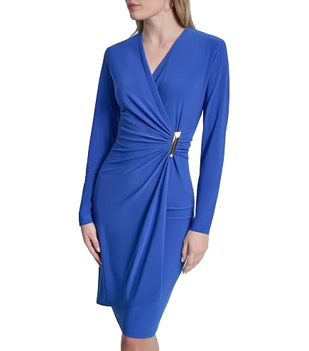 Anne Klein Women's 3/4 Sleeve Classic V-Neck Wrap Dress Black at Amazon Women's Clothing store