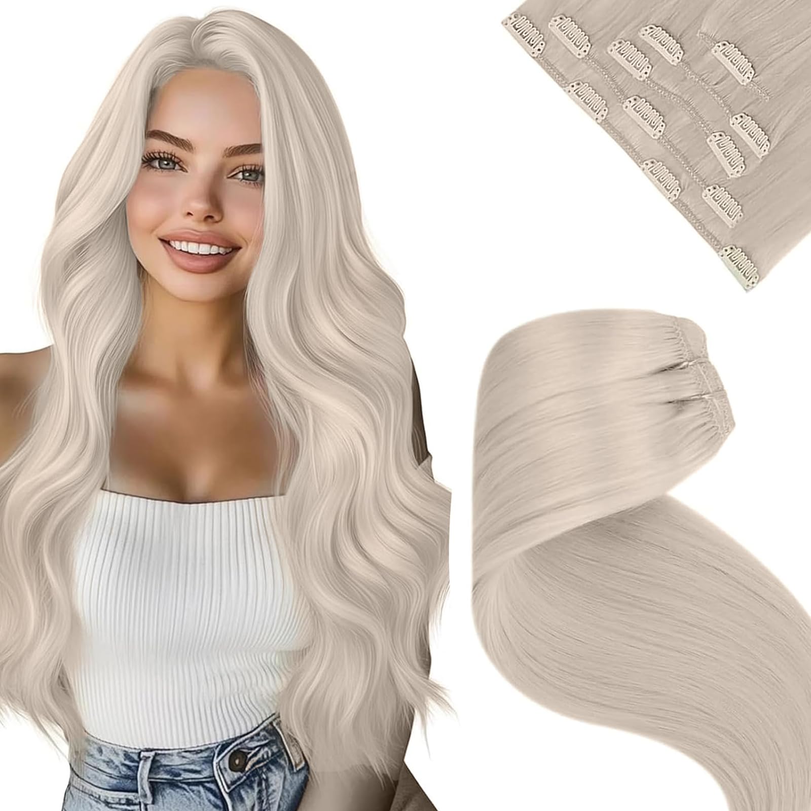 LaaVoo Blonde Clip in Hair Extensions Real Hair Extensions Clip in Human Hair Straight Remy White Blonde Hair Full Head Double Weft 80g 5pcs 18 Inch #60