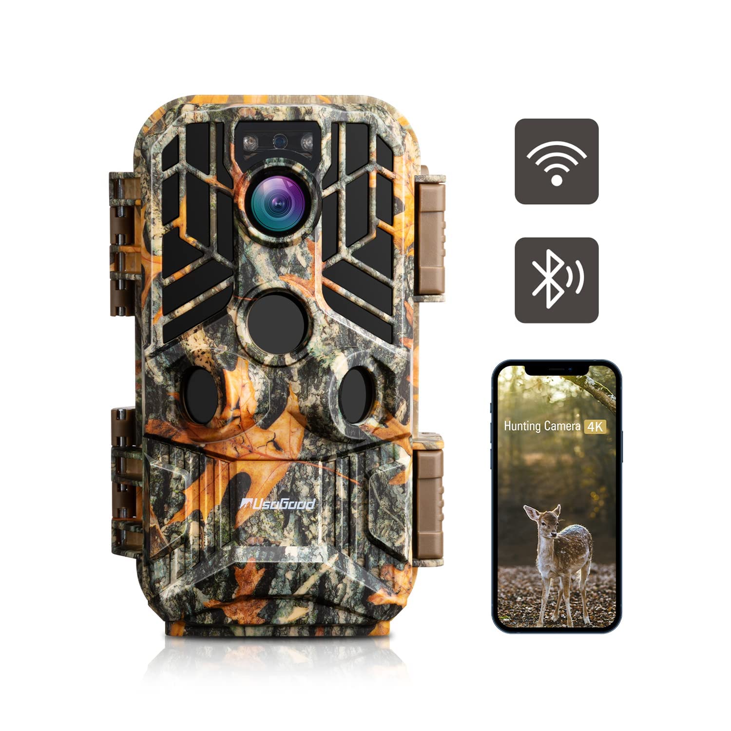 usogood [Real 4K/30fps] Wildlife Camera WiFi Bluetooth 30MP Trail Camera with Night Vision Motion Activated Game Camera Trap 940nm IR LEDs IP66 for Wild/Garden Outdoor Scouting