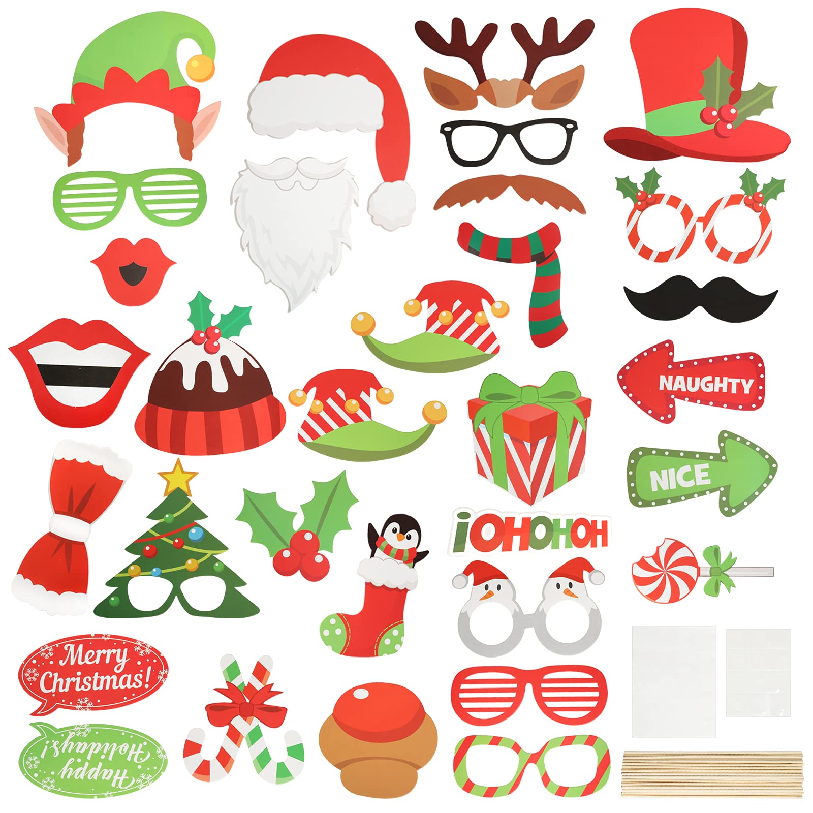 HONMOK 60 Pieces Christmas Props for Photobooth, Christmas Photo Props, Xmas DIY Funny Selfie Props, Merry Chiristmas Photobooth Party Props Accessories for Adults Kids