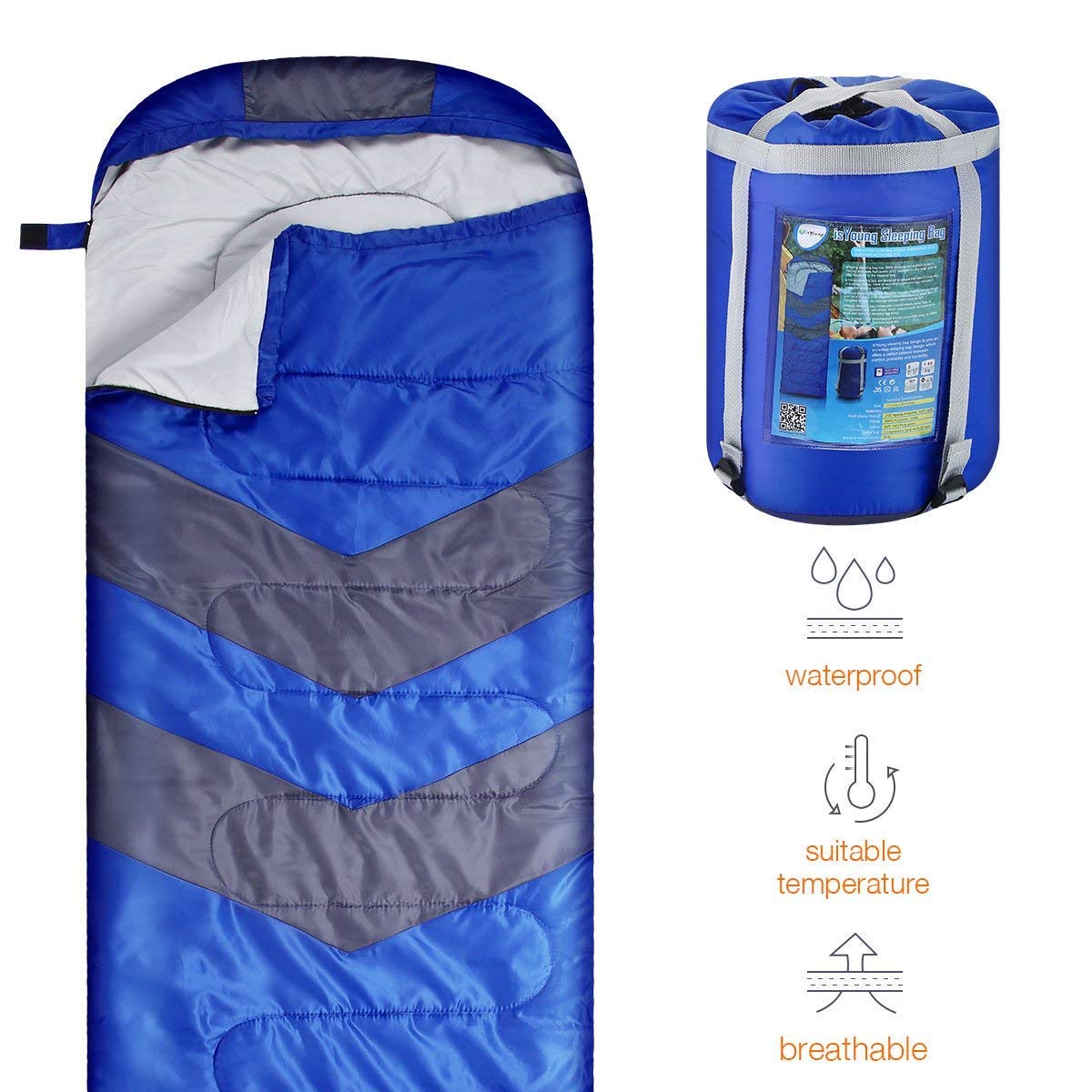 isYoung Sleeping Bag - Envelope Lightweight Portable, Waterproof, Comfort with Compression Sack - Great for 4 Season Traveling, Camping, Hiking, Outdoor Activities (Blue Sleeping Bag)