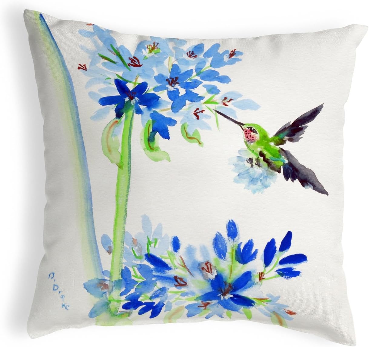 Betsy Drake Hummingbird & Blue Flowers No Cord Pillow 18x18