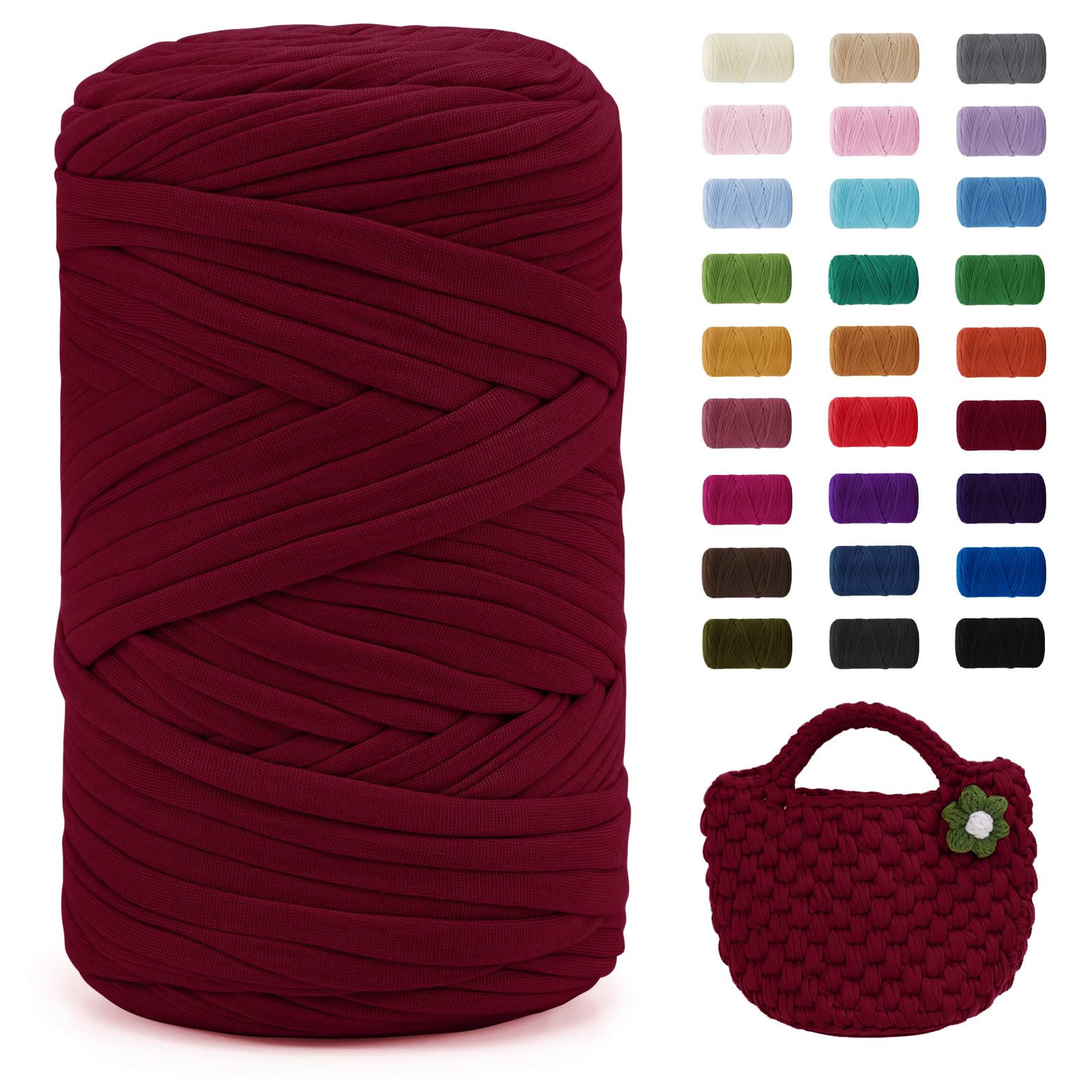Uiopa Wine Red T-Shirt Yarn, 400g/120m Elastic Fabric Crochet Cloth T Shirt Yarn, Chunky Hand Knitting Polyester Ribbon for Crocheting Bags/Baskets/Rugs, Home Decor, DIY Crafts