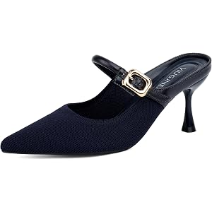 VIUGJNEX Closed Toe Kitten Heel Mules for Women | Pointed Toe, 2.75-Inch Low Heel, Open Back, Slip On, Adjustable Buckle Stra