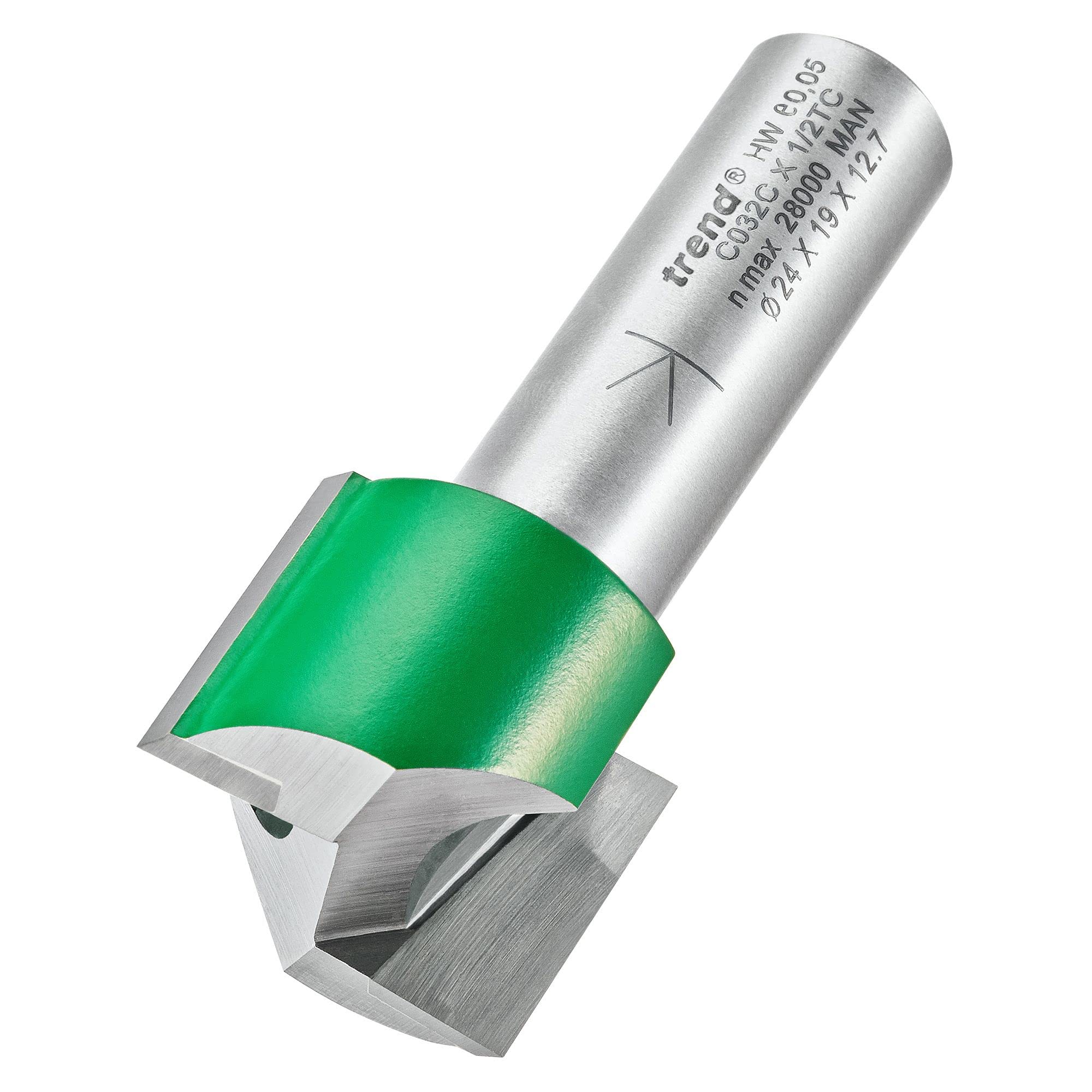 Trend CraftPro Straight Two Flute Router Cutter, 1/2 Inch Shank, 24mm Cut Diameter & 19mm Cut Length, Tungsten Carbide Tipped, C032CX1/2TC