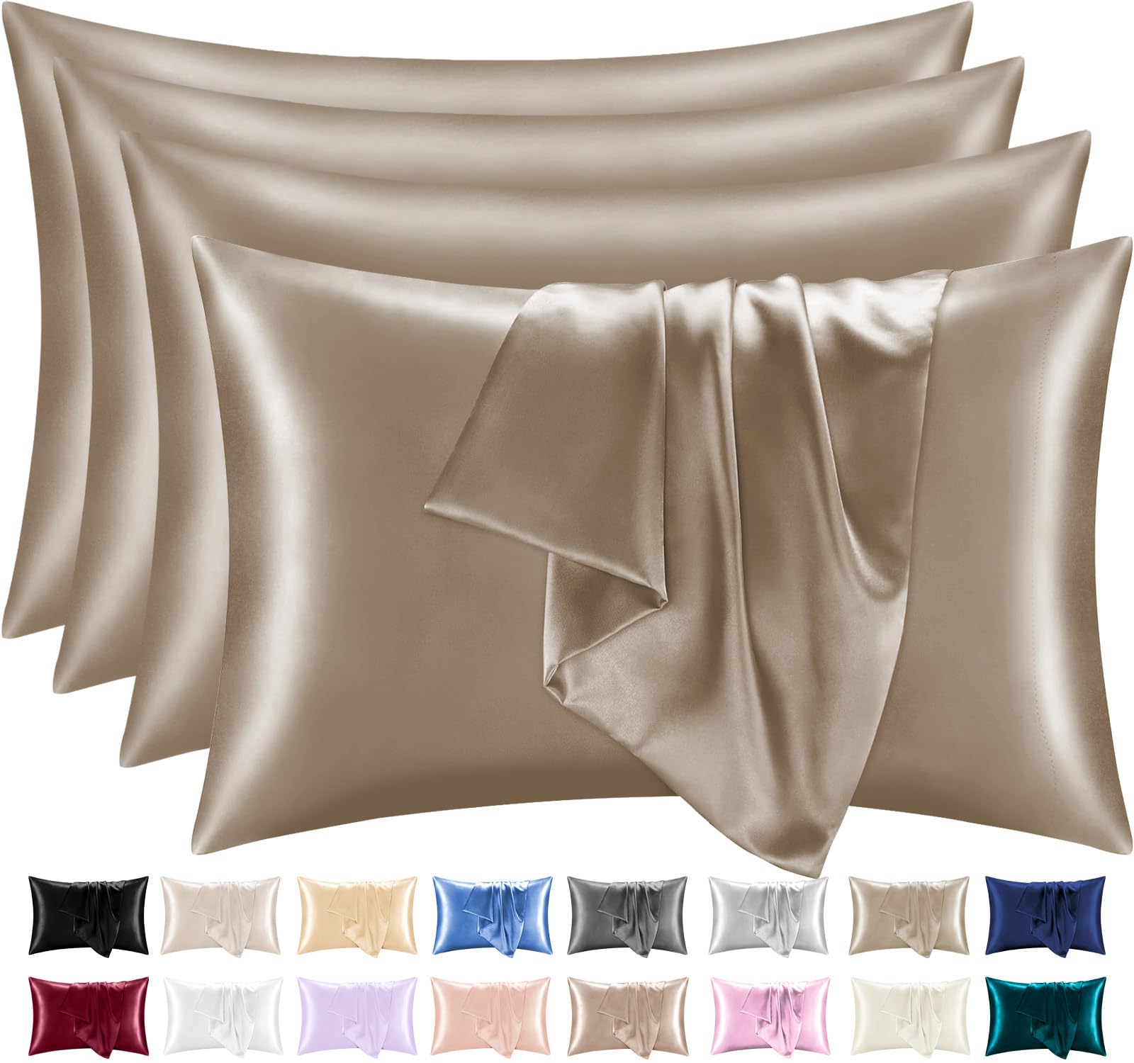 Lazzaro Satin Silk Pillowcases for Hair and Skin - Hypoallergenic Silk Pillow Cases 4 Pack with Envelope Closure - Ultrasoft Standard Size Khaki Silk Pillowcases (50 x 75 cm)