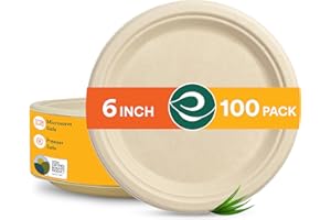 ECO SOUL 100% Compostable 6 Inch Small Paper Plates (100-Pack) Disposable Party Heavy Duty, Eco-Friendly, Appetizer, Dessert, Wedding Plates I Biodegradable Unbleached Sugarcane Eco Plates