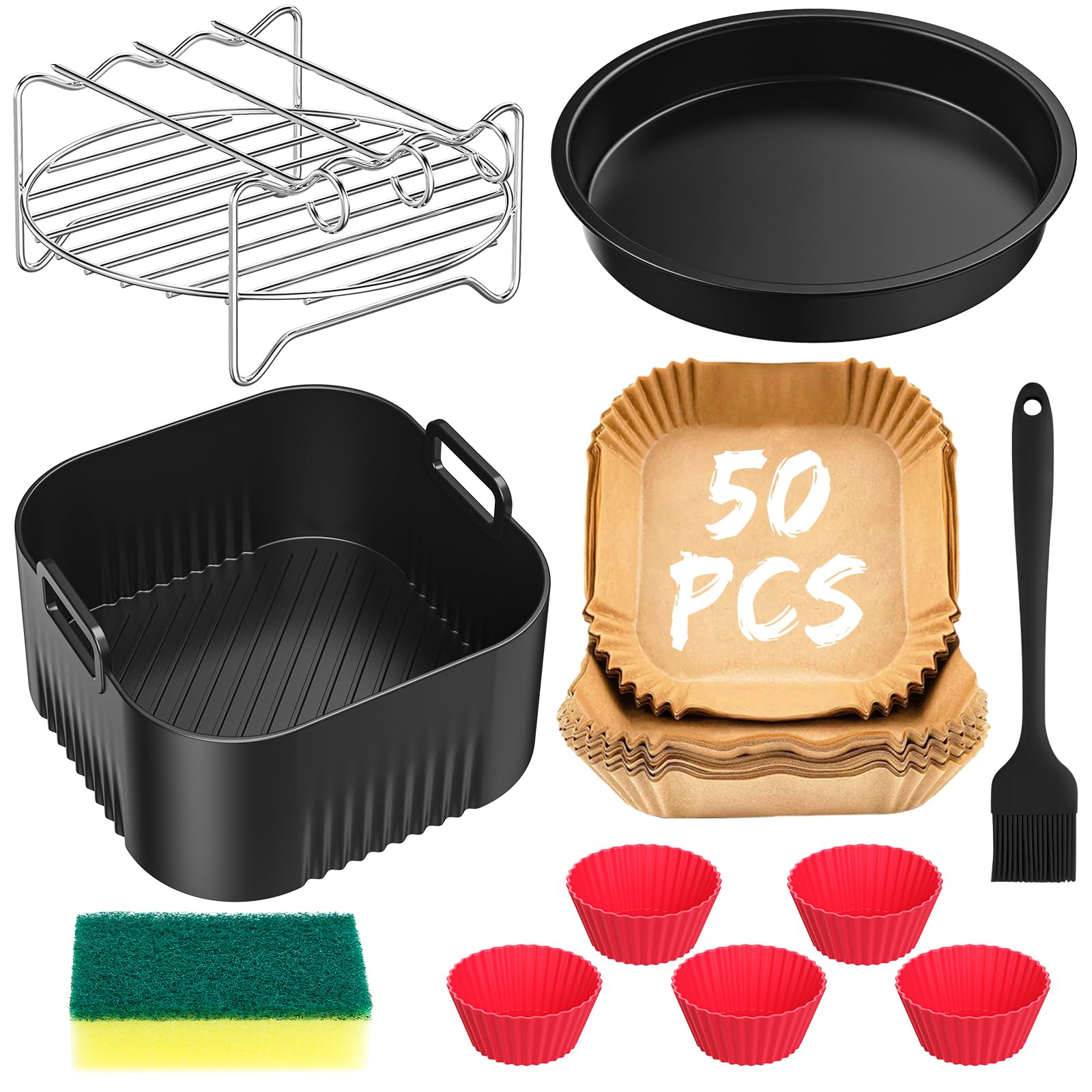 Airfryer Zubehör für Chefman 3,75 l, Tefal Easy Fry Compact 3 L, Philips Essential 4,1L, 11 Stück Heißluftfritteuse Zubehör für Tefal 3 L, Chefman 3,75 l, Wiederverwendbar Airfryer Accessories