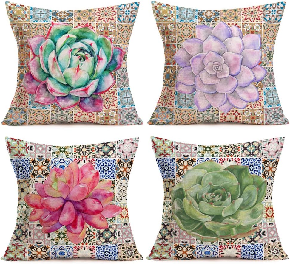 Asamour Succulent Plant Tile Pillow Covers Set of 4 for Home Decor Colorful Mexican Tiles Moroccan Mandalas Arabesque with Cactus Flower Cotton Linen Throw Pillows Vintage Boho Ceramic Cushion Cases
