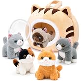 7-Piece Cat Stuffed Animal Playset with 5 Kittens, Plush House and Cushion | Easy-Open Paw Closure, All 5 Kittens Store Inside, Built-In Carry Handle, Removable Plush Cushion, Pretend Care &amp; Story Play