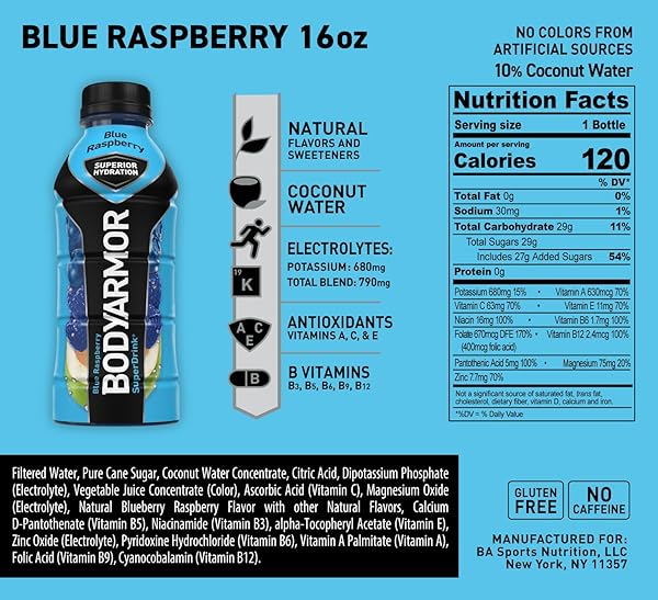 BODYARMOR SPORTS DRINK SPORTS BEVERAGE, BLUE RASPBERRY, COCONUT WATER HYDRATION, NATURAL FLAVORS WITH VITAMINS, POTASSIUM-PACKED ELECTROLYTES, PERFECT FOR ATHLETES, 16 FL OZ (PACK OF 12)