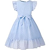 HPSOM Girl Summer Dress Polka Dot Casual A-line Flutter Ruffle Sleeve Double Layer Flowy Dress 5-13 Years
