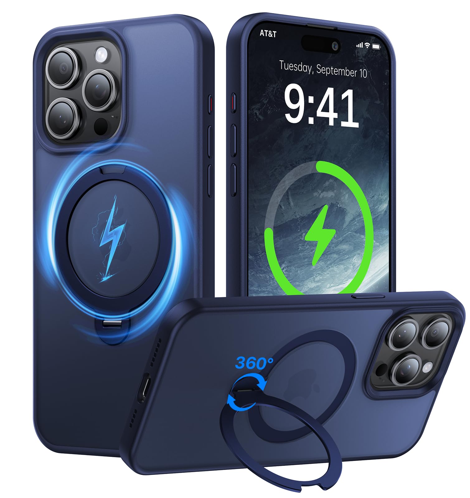 Giisorde 360° Magnetic Stand for iPhone 15 Pro Max Case, [Compatible with MagSafe] Build-in Invisible Ring Kickstand, Shockproof Slim Translucent Matte Phone Case for iPhone 15 Promax, Blue