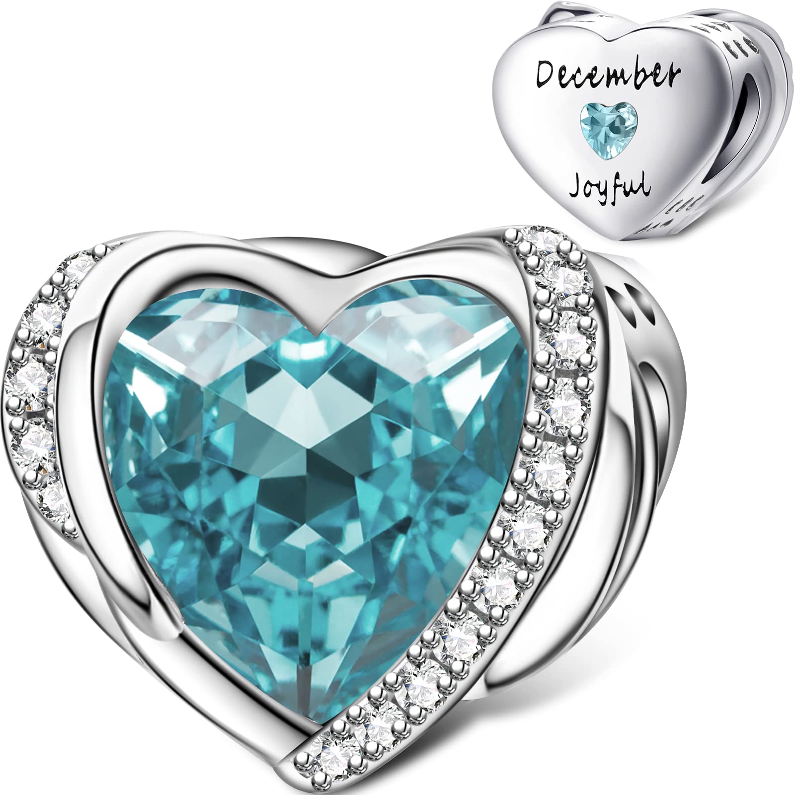 December Birthstone Charms for Pandora Charms Bracelet, Angel Wings 925 Sterling Silver Love Heart Bead Pendant Engraved Joyful,Birthday Mother's day Jewelry Gifts for Women Girls