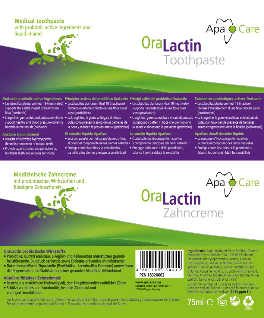 ApaCare OraLactin Zahncreme, 3×75 ml Zahnpasta mit Hydroxylapatit (flüssiger Zahnschmelz), Fluorid & probiotischen Inhaltsstoffen, für Remineralisierung, Pflege empfindlicher Zähne, ohne Titandioxid 3