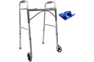 EYL MEDICAL SUPPLIES Foldable Lightweight Two Button Walker with 5” Wheels, Includes Ski Glides - Folding Design Ideal for Seniors and Elderly Adults - Adjustable for Tall Men and Women - Standing Handicap Mobility Aids