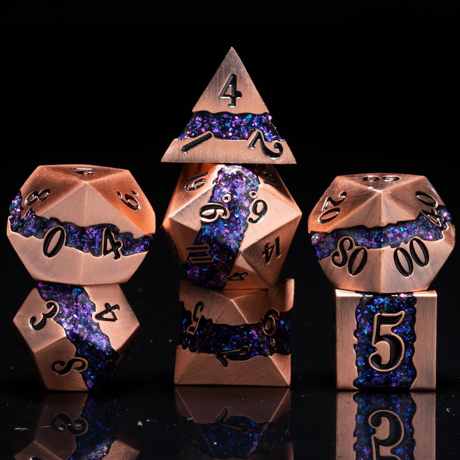 Polyhedral Metal Dice DND,RPG Purple Glitter Stripe