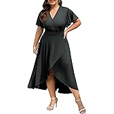 Actcat Womens Plus Size Maxi Dress Ruffle Short Sleeve Elegant Wrap V Neck High Low Split Long Dress