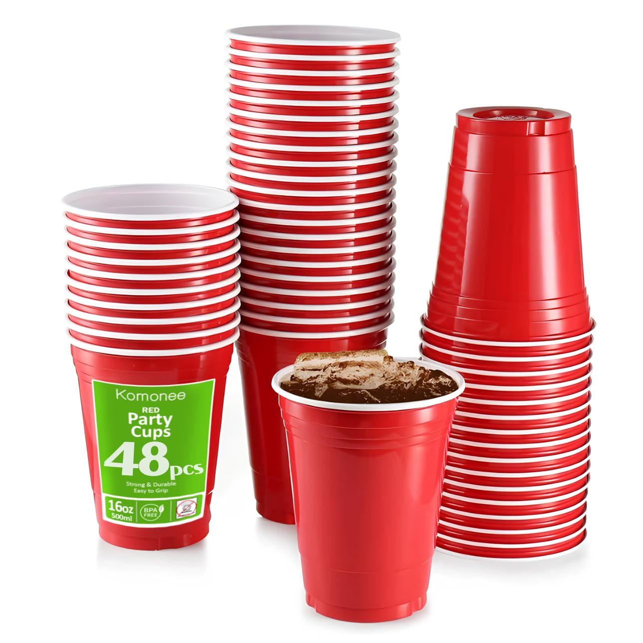Komonee Red Cups 16oz 500ml Wide Rimmed Disposable American Superbowl Party Cups USA Adult Novelty Plastic Glass 48pc
