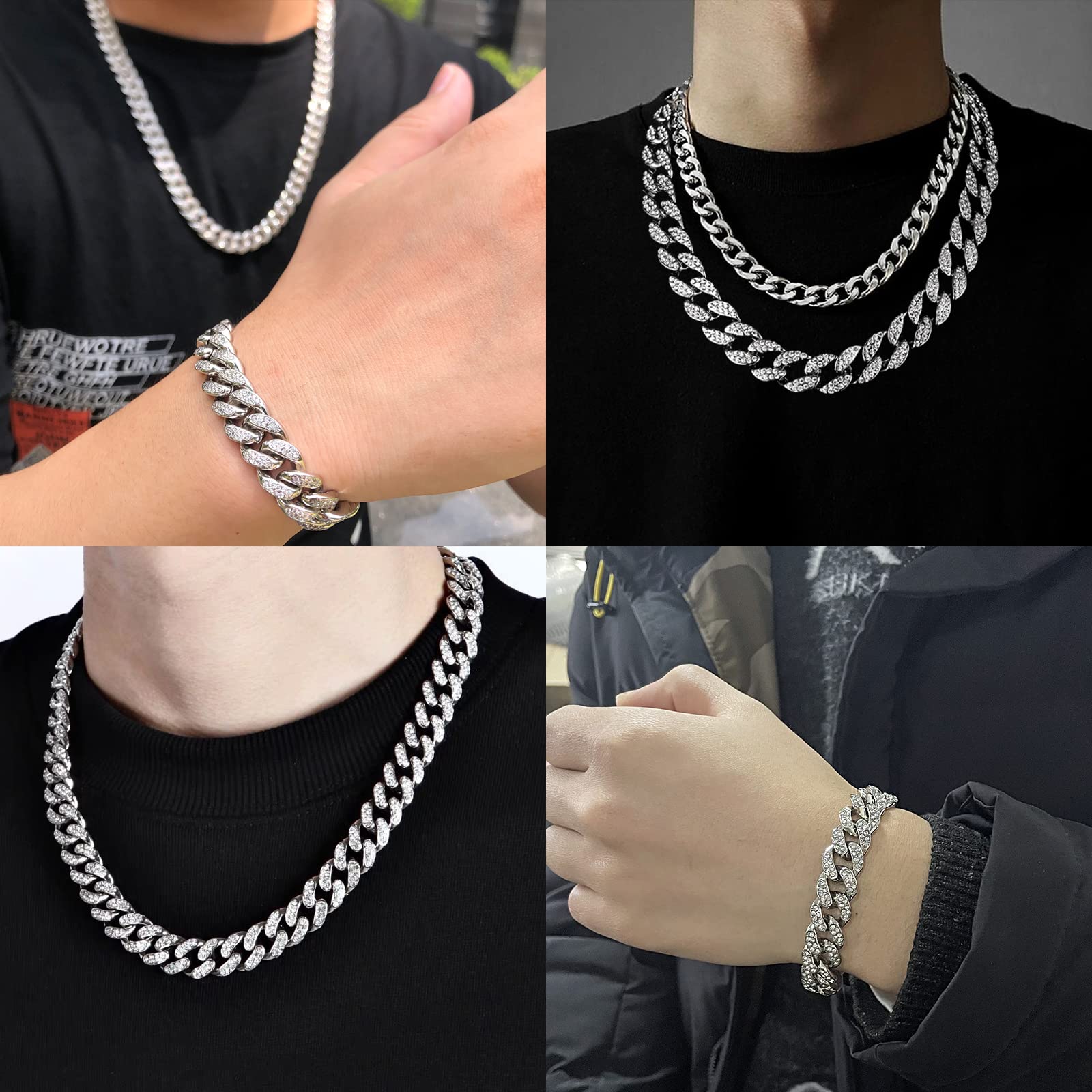 GIHENHAO Cuban Link Chain for Men,Silver Necklace and Bracelet,Miami Cuban Chains,Bling Diamond Chain for Hip Hop Jewelry
