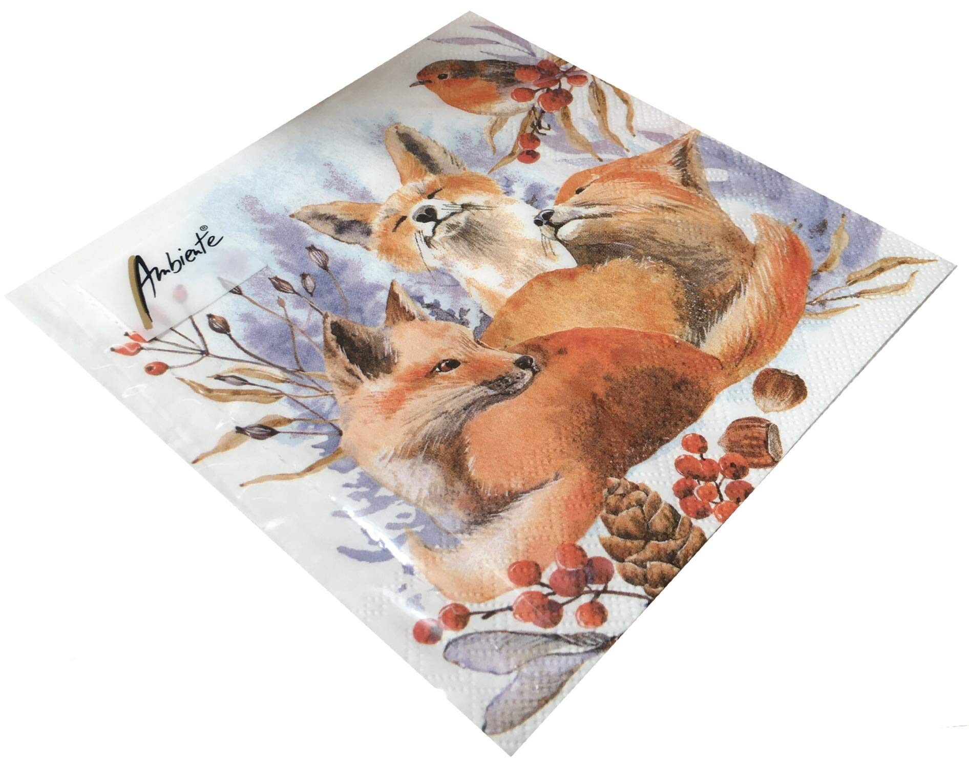 Paper Napkins Christmas Foxes and Robin Lunch Party Festival Approx. 33 x 33 cm Autumn Winter Christmas