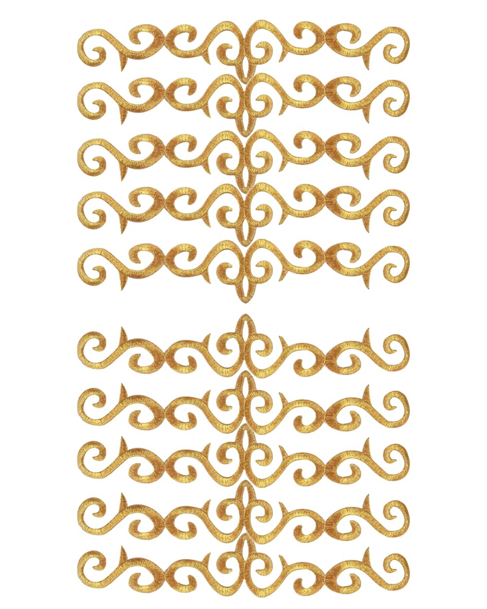 Photo 1 of 10 Pieces Metallic Embroidered Iron on Patch Vine Border Lace Applique Long Scroll Motif for Wedding Bridal Gown Dress Pillow Sewing Accessories Embellishment (Gold)