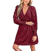 CUPSHE Women's Mini Fall Dress V Neck Long Sleeves Lace Smocked Casual Short A Line Wedding Guest Dress