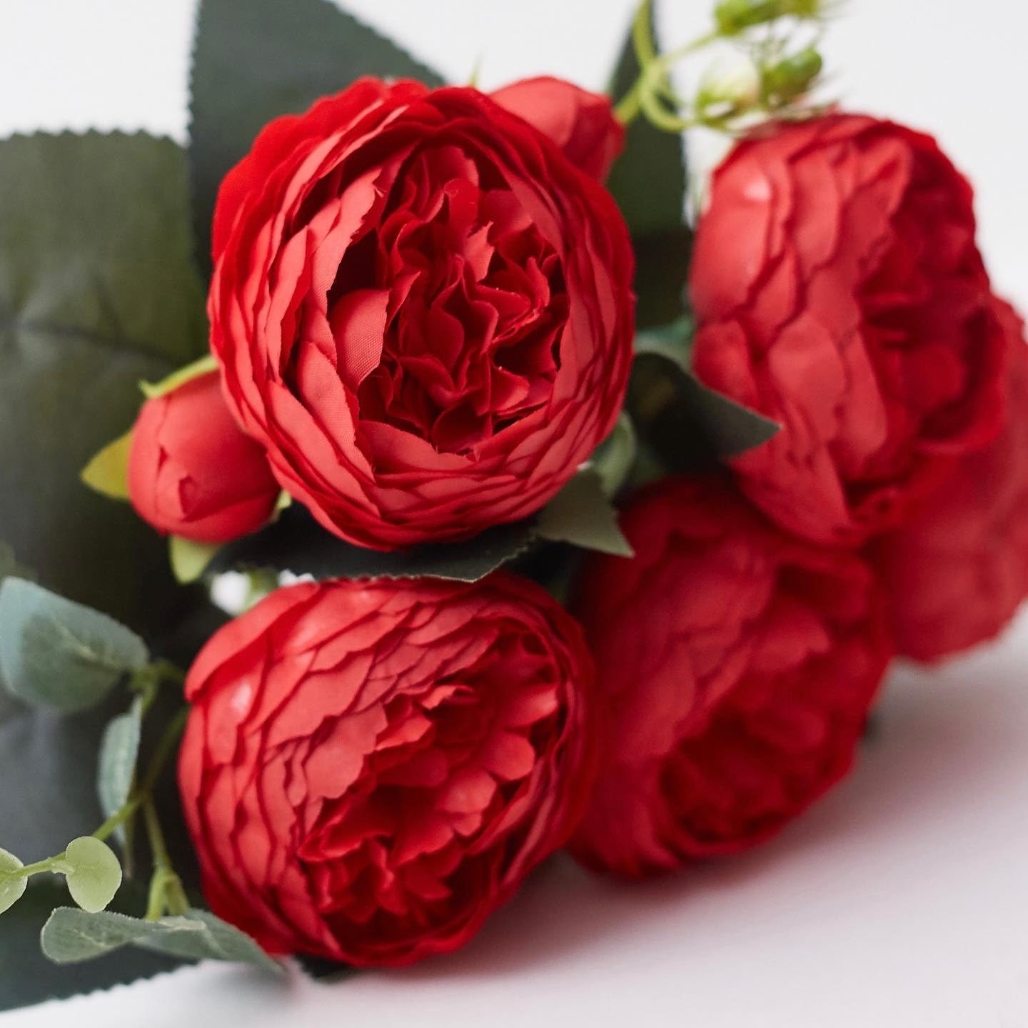 The Baked Studio - Silk Peony and Tea Rose Artificial Bouquet 9 Heads Realistic Fake Plant for DIY Craft Cake Living Room Home Wedding Decoration (CHRISTMAS RED) — image 1