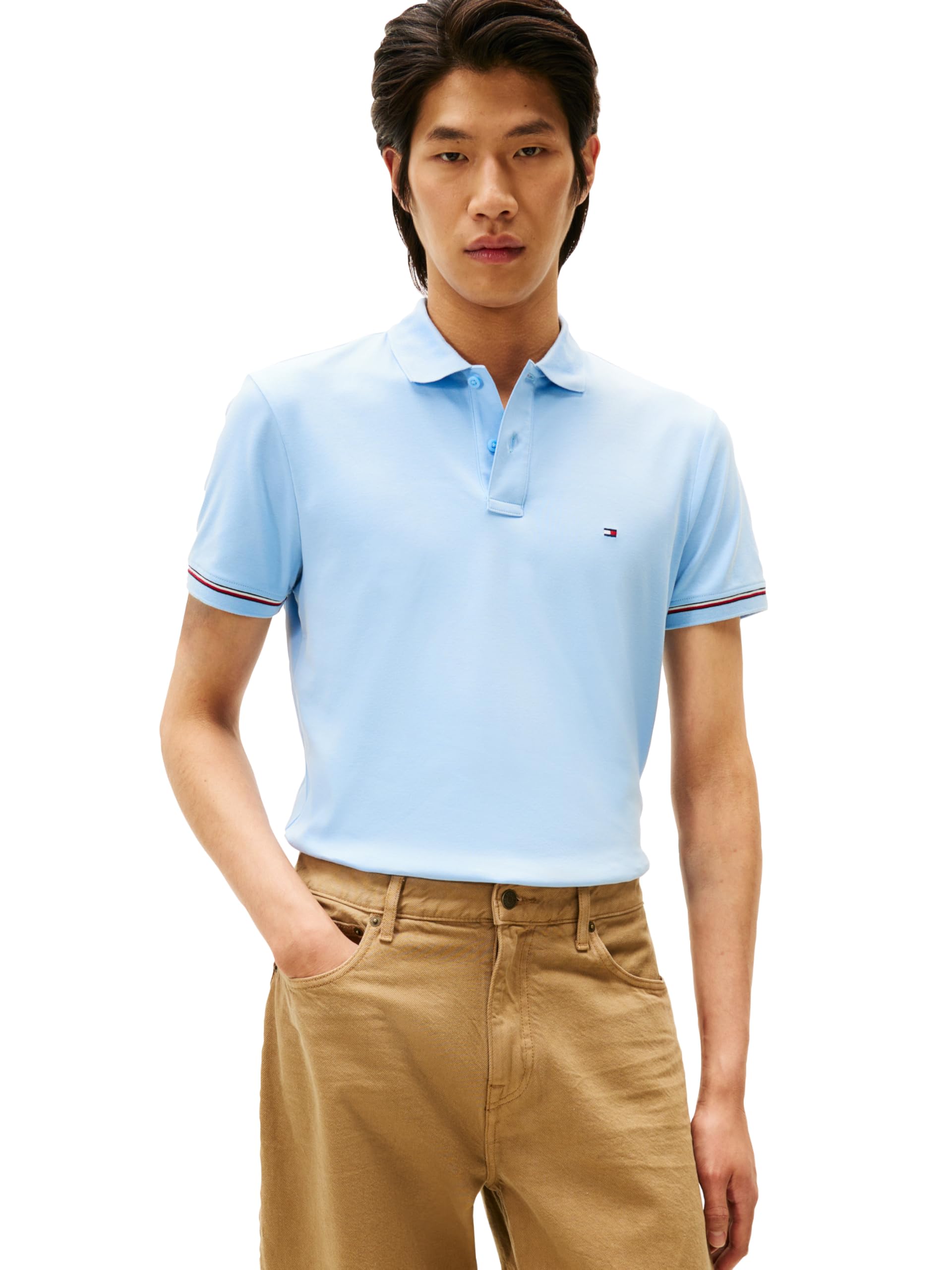 Tommy Hilfiger Men’s Liquid Cotton Cuff Detail Slim Polo, Well Water XX-Large