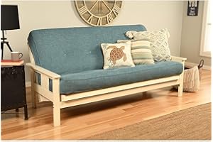 HomeStock Timeless Tradition Full Size Futon Frame Set in Antique White Finish with Mattress, Easily Converts to Bed, 33" H x 79" L x 37" D Linen Aqua/Without Storage Drawers