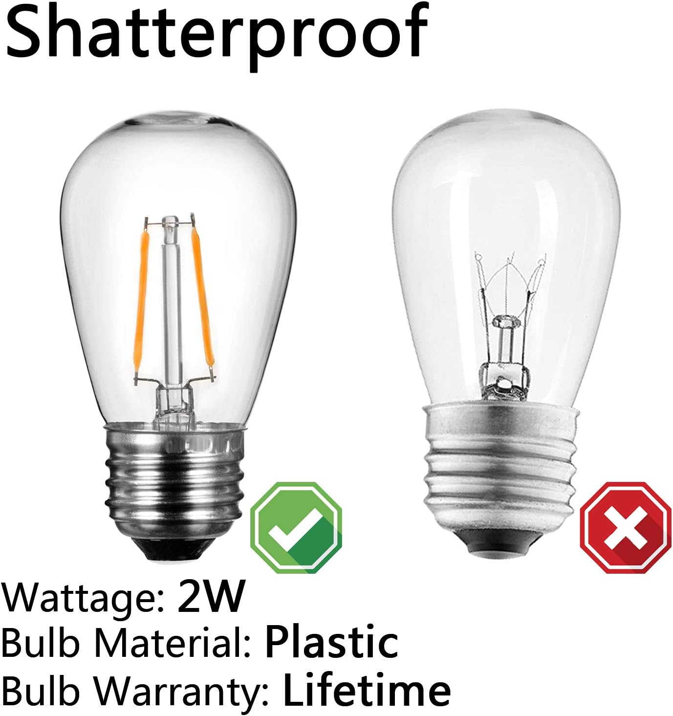 LED Outdoor String Lights for Patio - 48FT Commercial Waterproof Strand Patio String Lights, Hanging 2W Dimmable Edison Vintage Plastic Bulbs - Heavy-Duty Patio Lights Porch Market Light for Backyard - - 