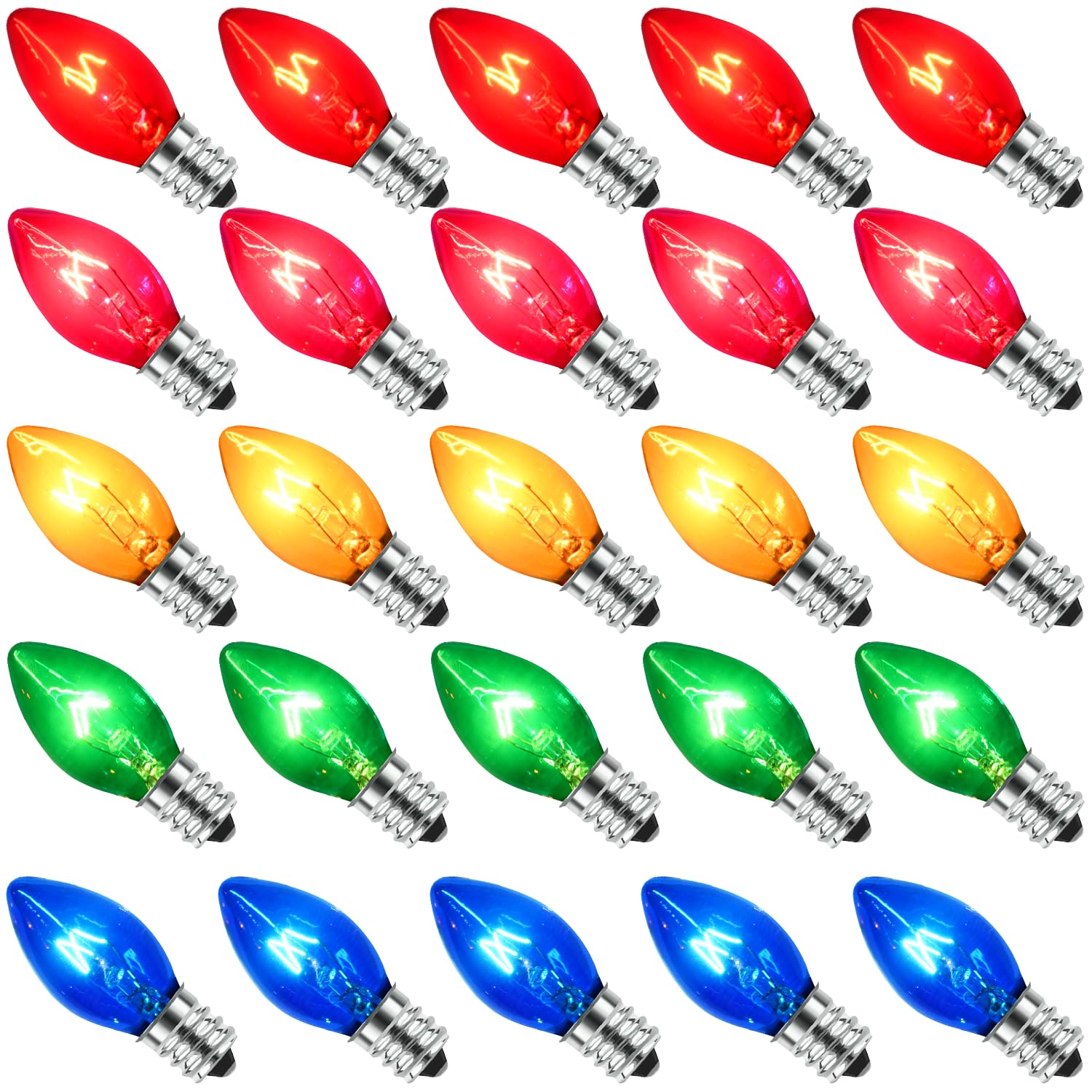 Photo 1 of 25 Pack C7 Clear Multicolor Christmas Lights Replacement Bulbs(Red, Blue, Green, Yellow, Pink), Hanging Christmas Lights Outdoor Decorations for Christmass Party, E12 Candelabra Base, 5 Watt