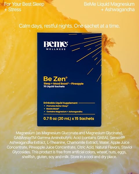 BEME MAGNESIUM DRINK FOR SLEEP – MELATONIN-FREE MAGNESIUM FOR SLEEP WITH ASHWAGANDHA, L-THEANINE & GABA – FAST-ABSORBING CALM PINEAPPLE – 15 SACHETS