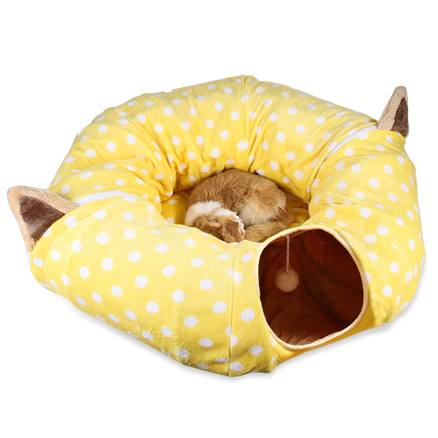 PETCUTE Cat Tunnel Toy with Ball, Cat Game Interactive Toy,Cats Play Tunnel and Bed,Pop-up Collapsible Kitten Channel Yellow B